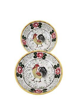 UCAGCO Vintage Early Provincial Hand Painted Rooster Roses 2 Cereal Bowls Japan